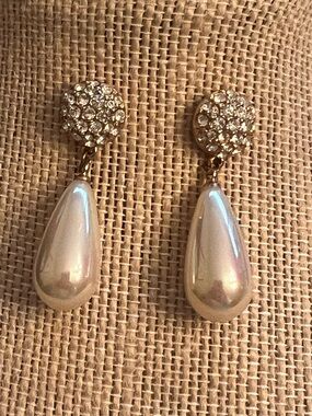 New Roman pave set crystal earrings with iridescent elongated pearl